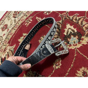 Vintage Genuine Leather Bejeweled Bling Silver Western Buckle Size Large